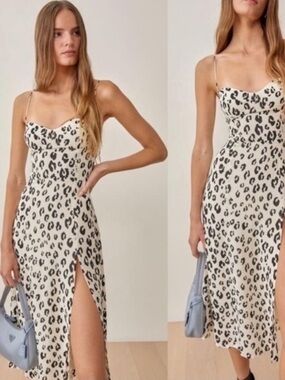Reformation : Cream and Black Leopard-Print Slip Dress - Size 0